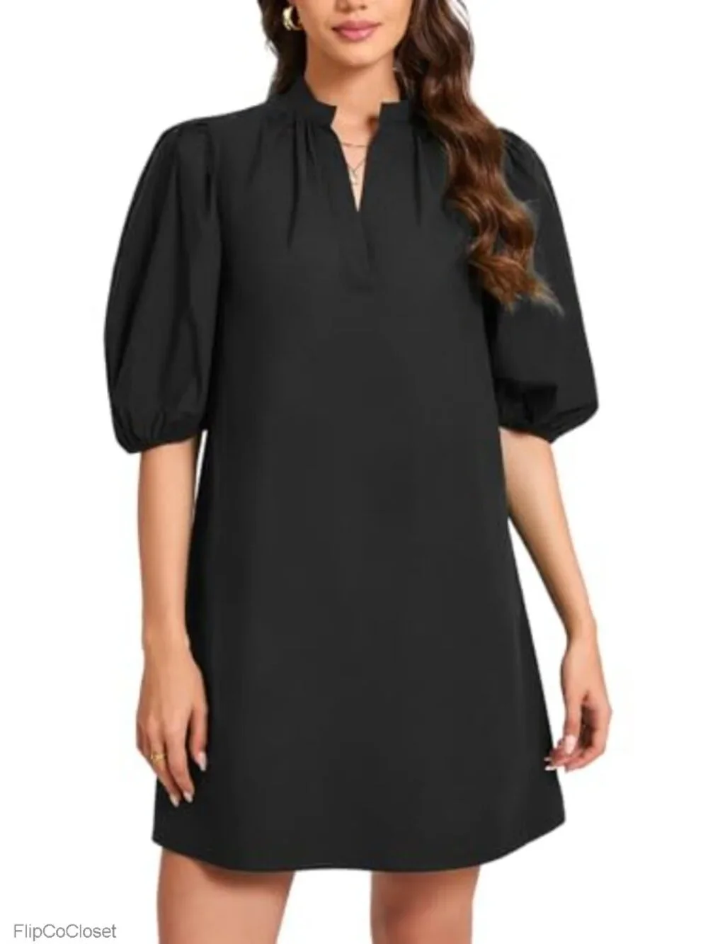 Women Babydoll Mini Dress Cotton V Neck Puff Lantern Sleeve Loose A Line Cute